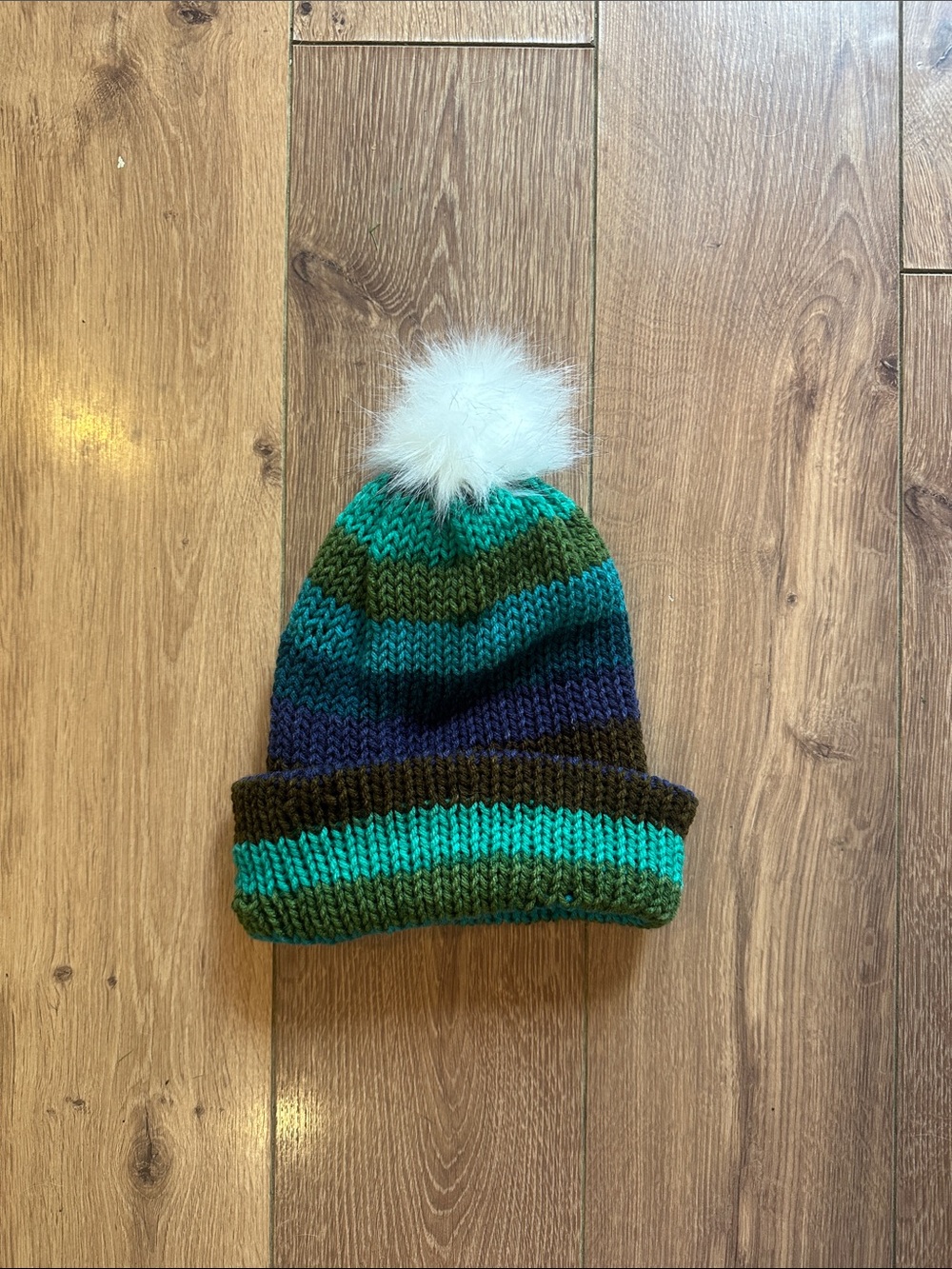 Unisex Striped Knit Pom Beanie – Green/Teal